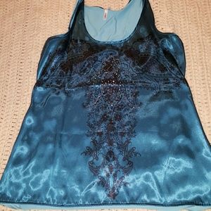 Satin/Knit Embellished Tank Top sz L, Teal
